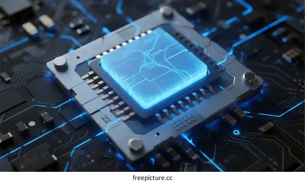 Circuit Board with Glowing Microchip and Electrical Signals