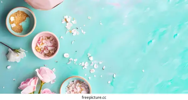Floral Arrangement on Aqua Background with Pink Flowers and Bowls