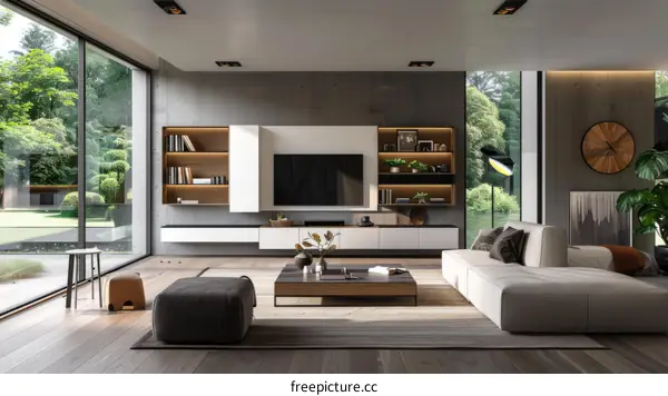 Modern living room interior design with large windows and minimalist furniture