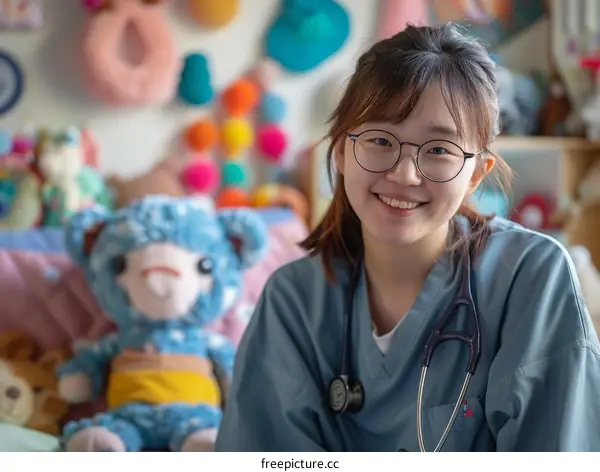 portrait of a young female doctor smiling in a colorful room
