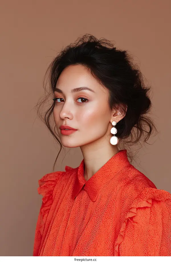 Elegant Asian Woman in a Vibrant Coral Shirt