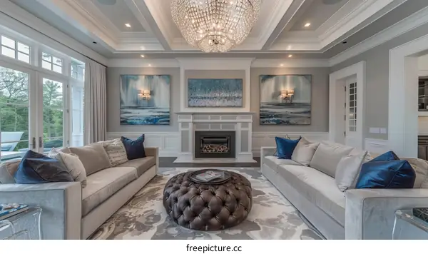 Elegant living room with fireplace and two paintings