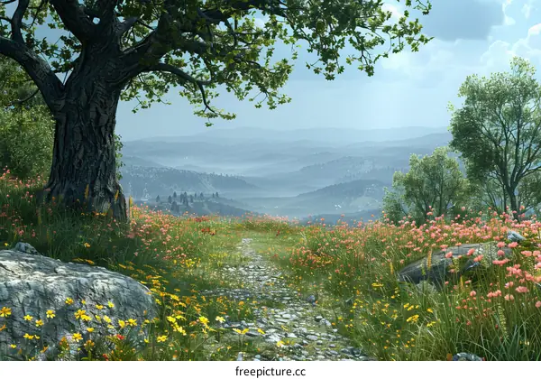 Fantasy Landscape with a Stone Path Leading through a Meadow of Flowers