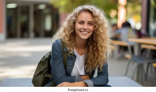 Portrait of a smiling young woman with curly blonde hair wearing a denim jacket and a backpack