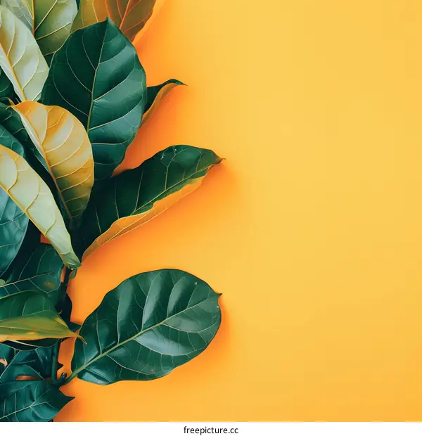 Green Leaves on Yellow Background
