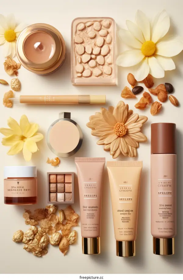 Luxury cosmetic products with flowers and nuts