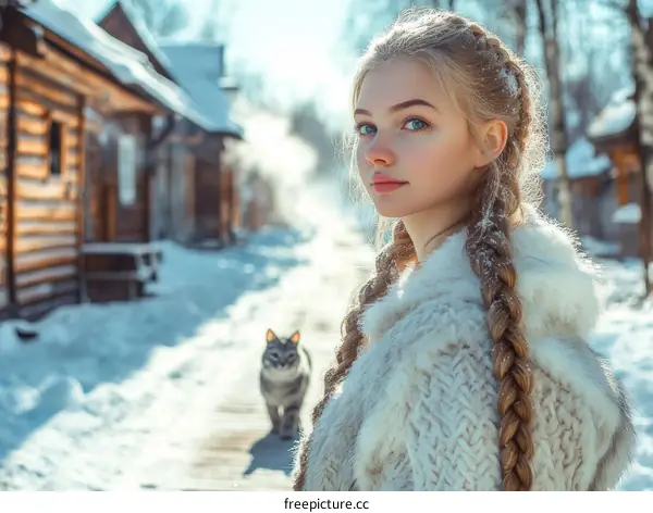 Winter Snow Scene with a Young Woman