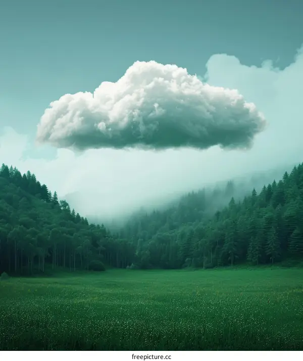 Dreamy Landscape with Cloudscape over Green Meadow and Forest