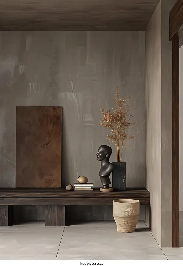 Minimalist Home Interior Design with Wooden Bench and Decorative Elements