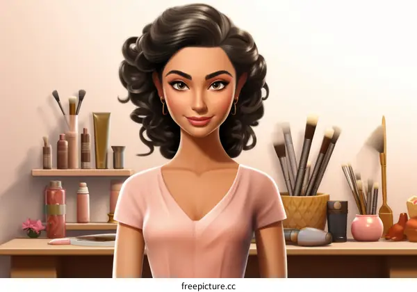 An illustration of a beautiful woman with brown hair and brown eyes. She is wearing a pink shirt and is surrounded by makeup products.