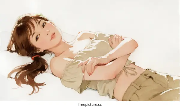 A young woman lying on white bed with crossed arms