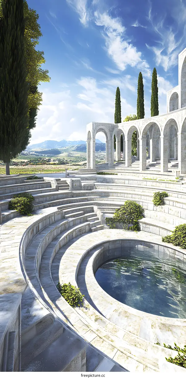 Ancient Greek Amphitheater with Circular Pond and Stone Steps