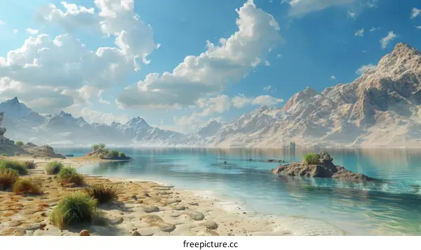 Serene mountain lake beach with snow capped peaks in background