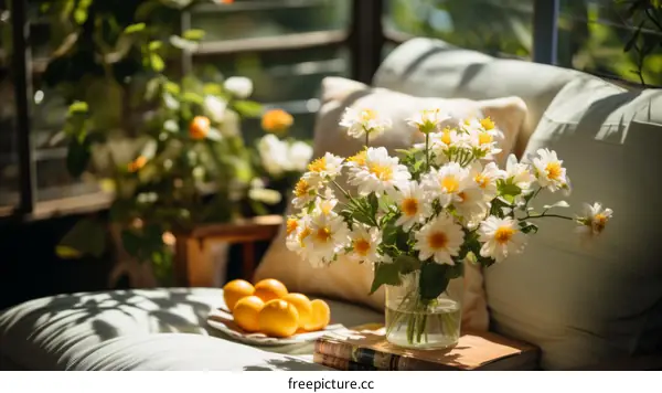 A beautiful White Daisy Bouquet in a glass vase sits on a table next to a lemon