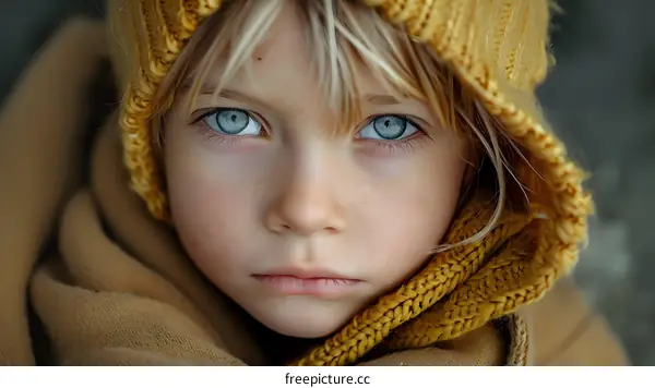 portrait of a beautiful blonde girl in a brown hood