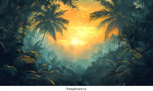 The sun rises over a lush tropical rainforest