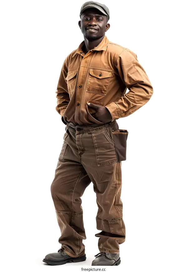 Studio portrait of a smiling young African man wearing brown work clothes and a hat