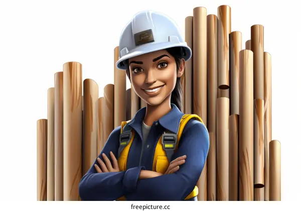 Confident Female Engineer with Hard Hat and Stacked Wooden Pipes