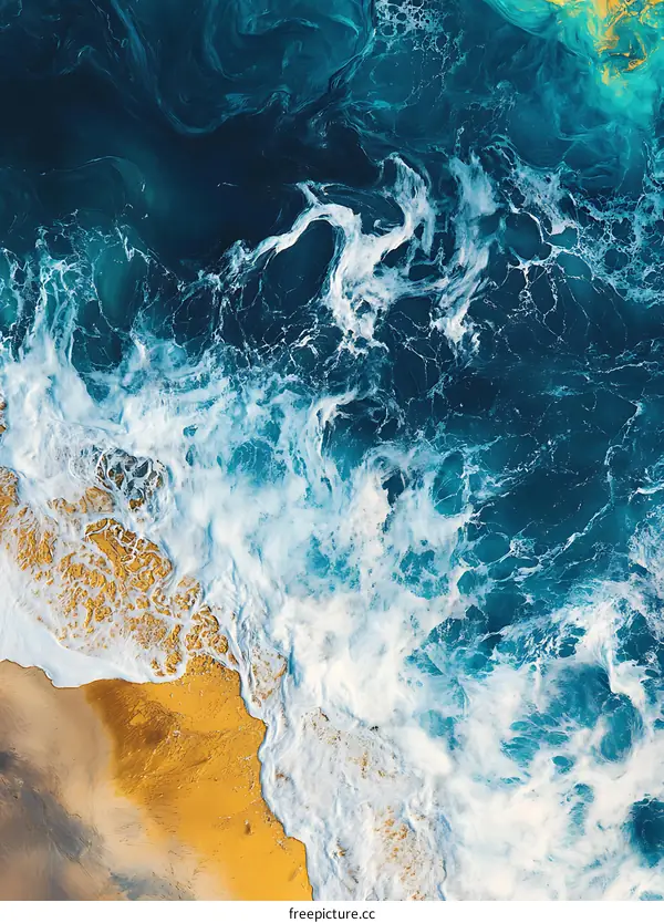 Aerial View of Ocean Waves Crashing on Sandy Beach