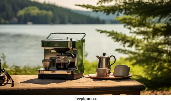 Scenic Coffee Break: Coffee Maker, Cups, and Teapot by a Tranquil Lake