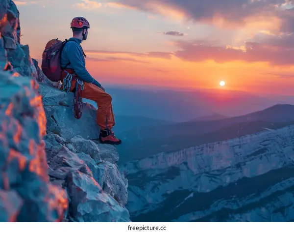 A rock climber sits on a cliff and gazes at the sunset over the mountains.