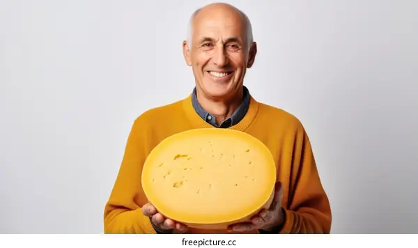 Happy senior man holding a big cheese