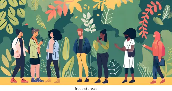 Diversity and Inclusion, Multi-Ethnic Group of People Standing in a Green Nature Illustration