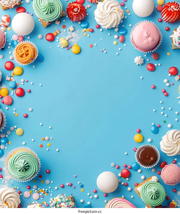 Colorful Sprinkles and Cupcakes on Blue Background