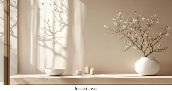 Minimalist Still Life with Beige Vase and Flowers