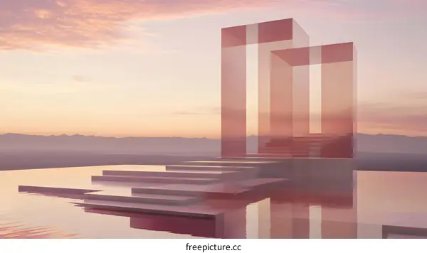 Minimalist Architecture with Glass Structure and Pink Sky