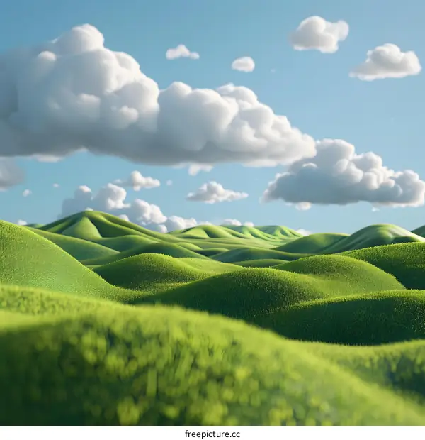 Green rolling hills under blue sky and white clouds