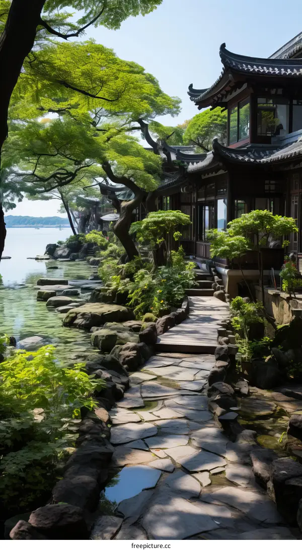 chinese style architecture near the lake surrounded by trees and plants