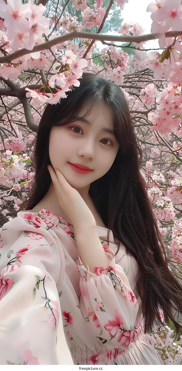 Young Asian Woman Wearing Floral Dress Posing Under Cherry Blossom Tree