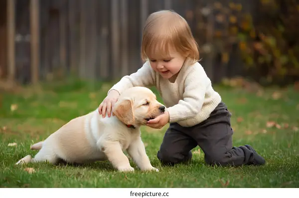 Toddler Girl Playing With Golden Retriever Puppy