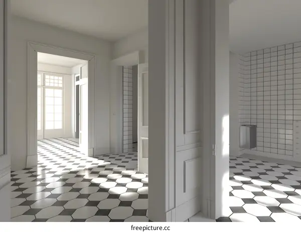 White Interior Design with Hexagon Tile Floor