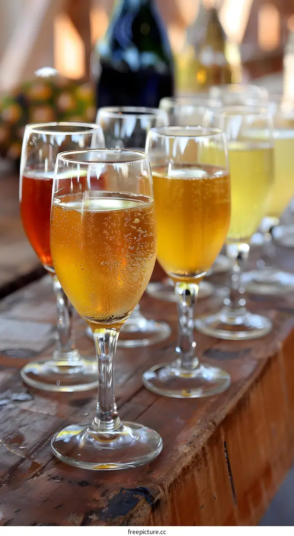 Close Up of Glasses of Champagne on a Wooden Table