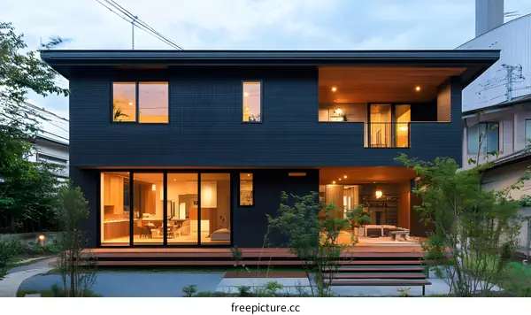 Modern Two Story Home with Black Brick Exterior and Wooden Deck