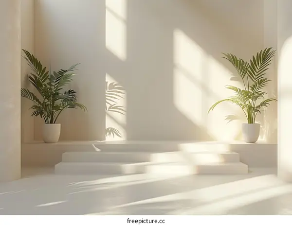 Sunlight shining through a window onto a beige wall with two potted palm trees on a podium