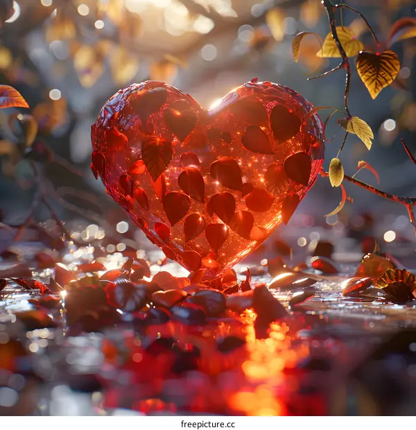A crystal heart sits on a bed of red leaves.
