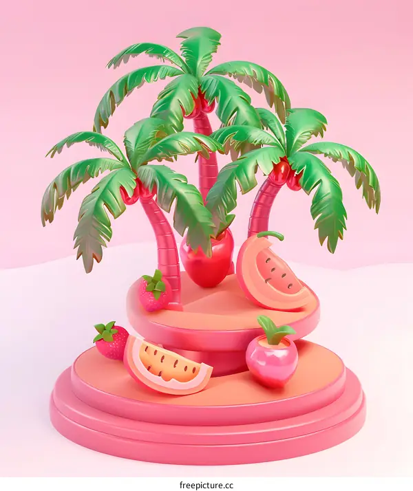 Tropical Summer Fruit Illustration with Palm Trees on a Pink Platform