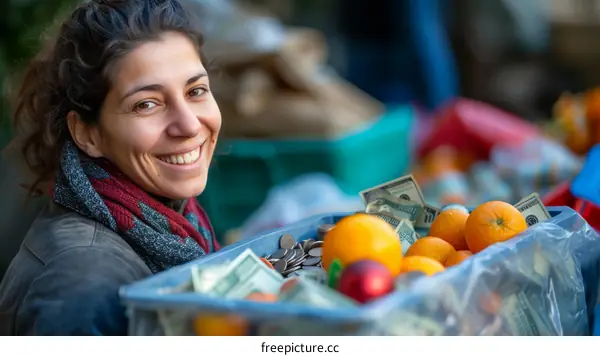 Middle Eastern woman with curly hair and red scarf smiles while holding a box of oranges and money