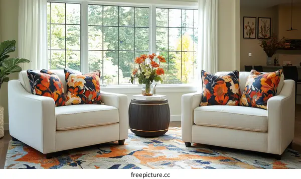 Cozy Cream Sectional Sofa with Autumnal Throw Pillows