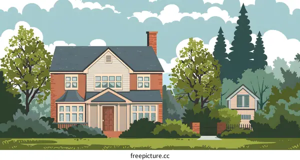 Suburban House Illustration With Green Trees And Blue Sky