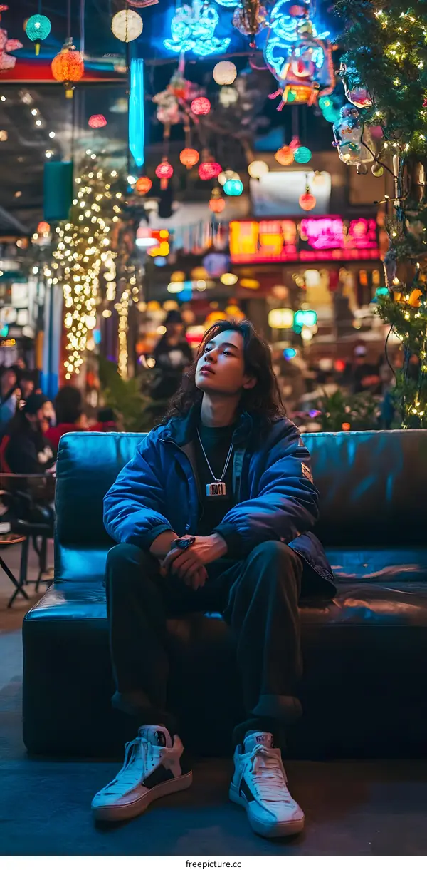 Young Man Sitting on a Couch in a Colorful Night Market