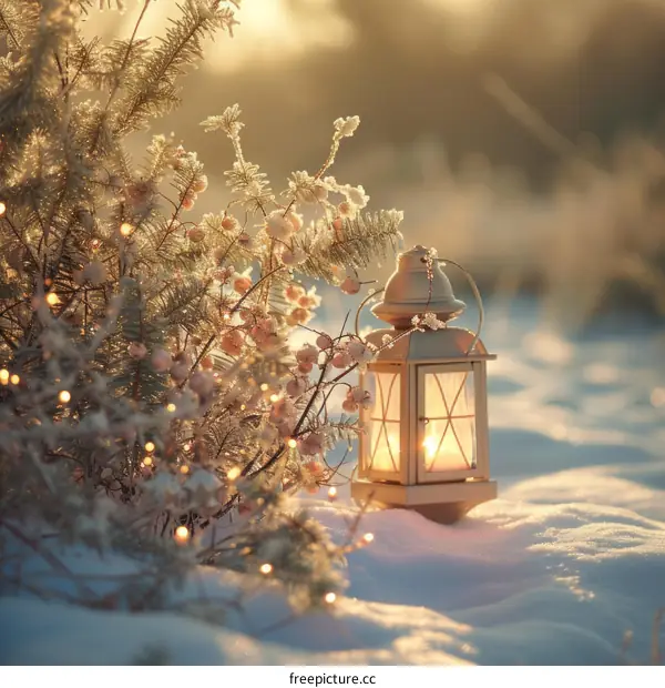 lantern in the snow with a frosted tree