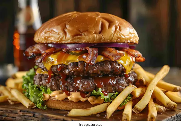 A delicious double cheeseburger with bacon and fries