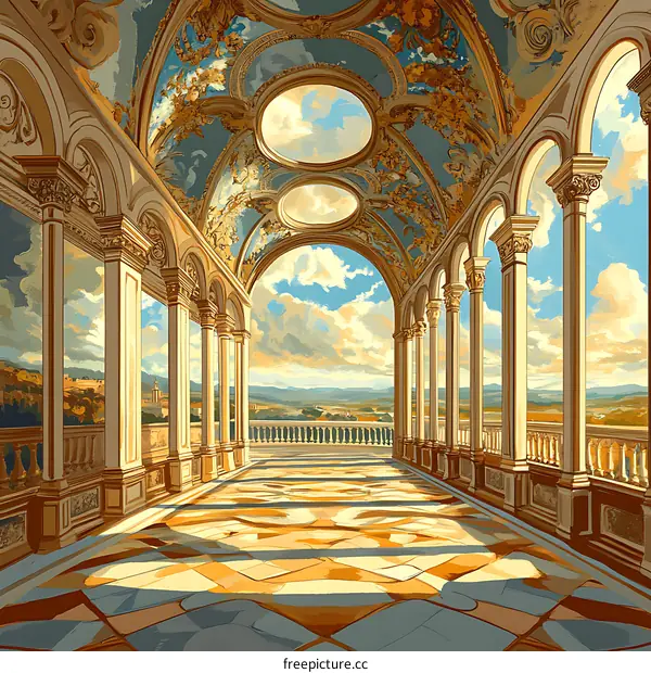 Arched Hallway with View of the City