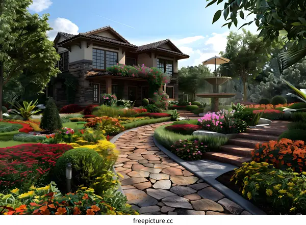 Stone path through a beautiful garden