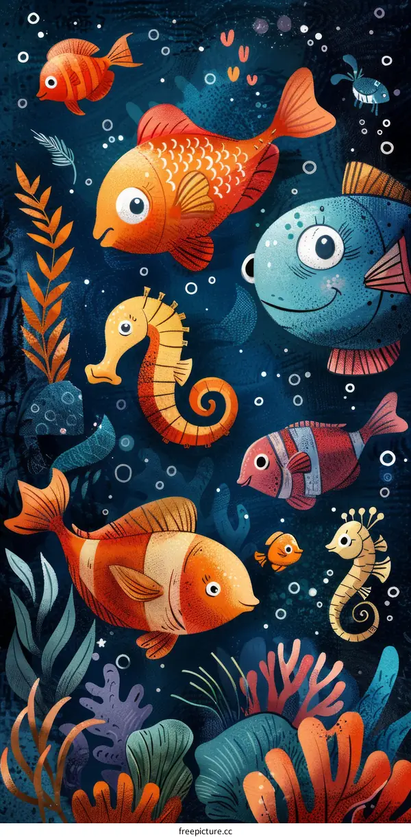 Illustration of a variety of fish and other sea creatures