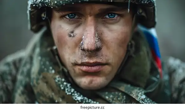 Portrait of a soldier with blue eyes and a camouflage uniform